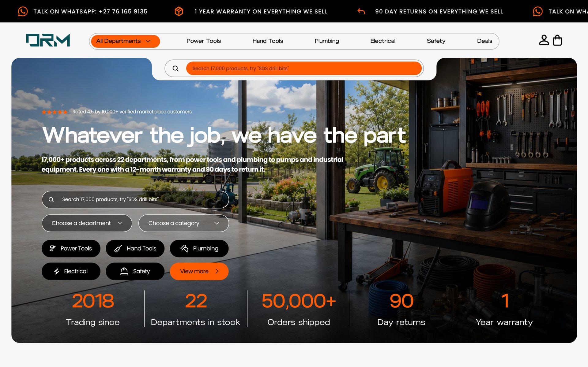 ORM South Africa homepage: Whatever the job, we have the part, with product search, department shortcuts and store stats